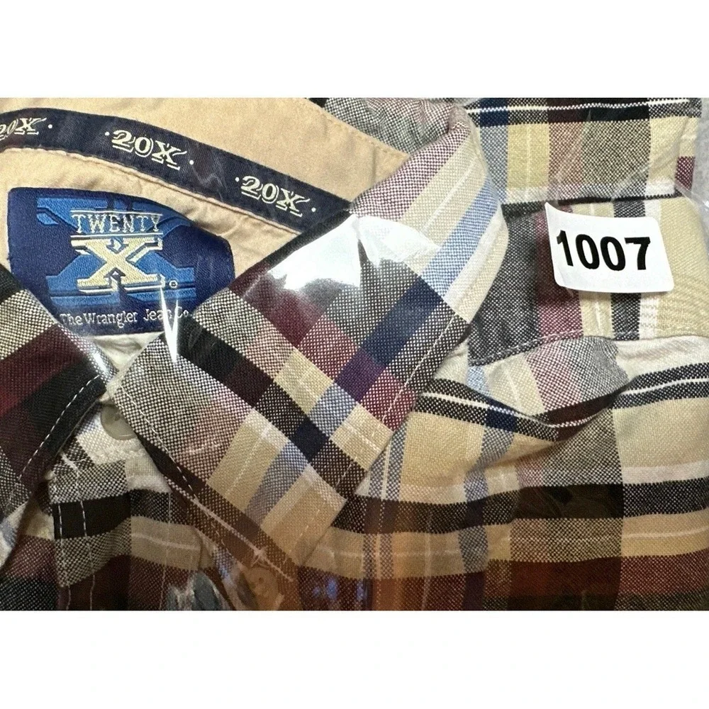 Wrangler TWENTY X Shirt Cream & Brown‎ Plaid Button Down Long Sleeve Men's XL